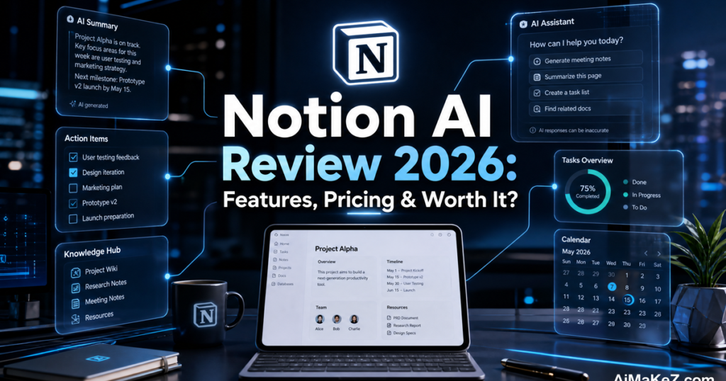 Featured image for AiMaKeZ.com article on Notion AI Review 2026, showcasing a futuristic workspace with AI-enhanced digital notes and task management.