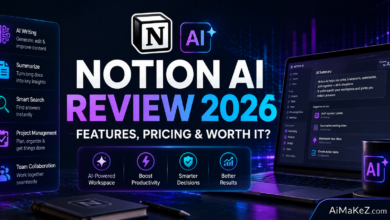 Notion AI Review 2026 featured image showing AI-powered workspace, smart document management, AI writing assistant, productivity dashboards, and futuristic digital collaboration tools with the title "Notion AI Review 2026: Features, Pricing & Worth It?".
