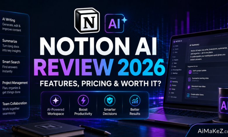 Notion AI Review 2026 featured image showing AI-powered workspace, smart document management, AI writing assistant, productivity dashboards, and futuristic digital collaboration tools with the title "Notion AI Review 2026: Features, Pricing & Worth It?".