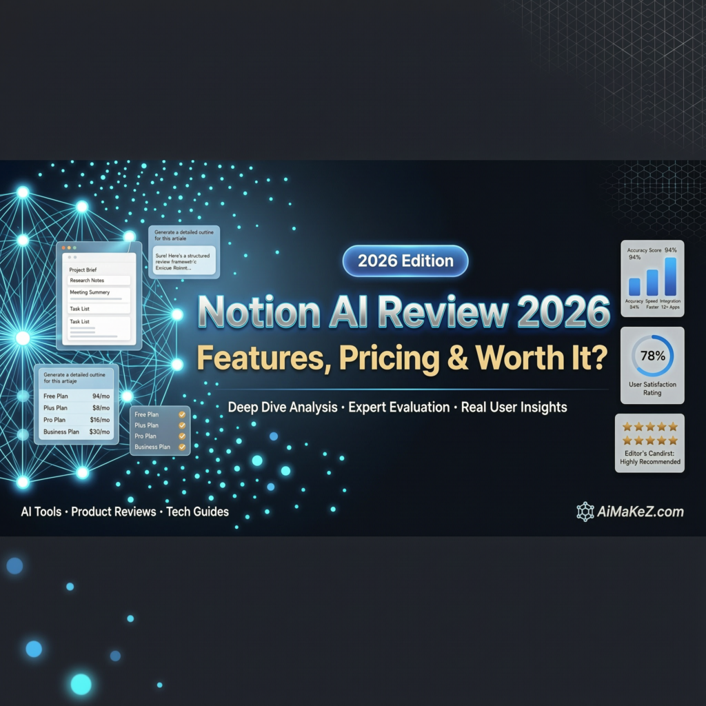 A high-end dark blue tech blog banner displaying a comprehensive infographic layout. In the center, the prominent glowing text reads "Notion AI Review 2026: Features, Pricing & Worth It?" with a "2026 Edition" pill badge above it and a subtitle reading "Deep Dive Analysis • Expert Evaluation • Real User Insights". The left side features glowing neural network nodes connected to transparent UI mockups displaying task lists, plan pricing charts, and generative prompt windows. The right side features clean metric cards showing an "Accuracy Score 94%" bar chart, a "78% User Satisfaction Rating" circular graph, and a 5-star "Editor's Choice" badge. The watermark "AiMaKeZ.com" sits cleanly in the bottom-right corner.