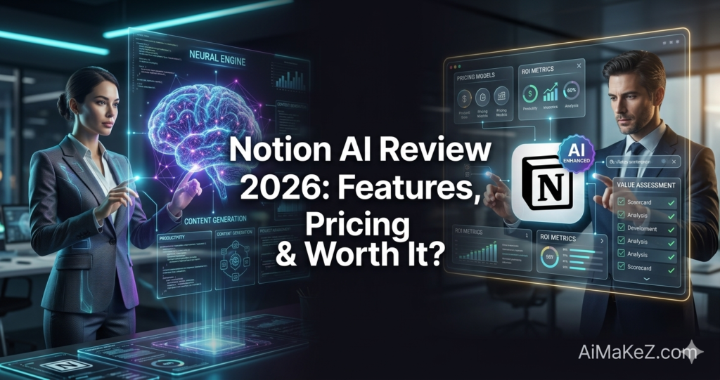 A premium tech review featured image with a split cybernetic dashboard. In the center, large white text reads "Notion AI Review 2026: Features, Pricing & Worth It?". On the left, a businesswoman interacts with a holographic brain labeled "NEURAL ENGINE" and "CONTENT GENERATION". On the right, a businessman reviews financial screens showing "PRICING MODELS", "ROI METRICS", and a "VALUE ASSESSMENT" checklist alongside a prominent, glowing "AI ENHANCED" Notion logo. The watermark "AiMaKeZ.com" is visible in the bottom-right corner.