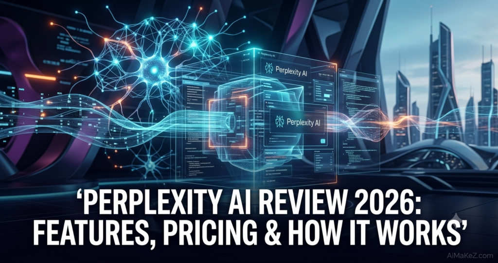 A futuristic 1200x630 featured image for Perplexity AI Review 2026 showcasing a digital holographic interface, neural networks, and a smart city skyline with the AiMaKeZ.com watermark.