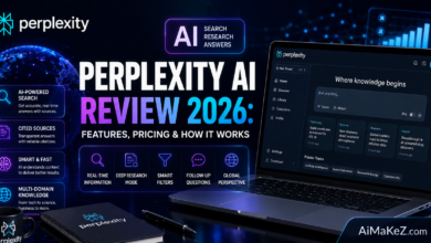 Perplexity AI Review 2026 featured image showing an AI-powered search engine interface, real-time research dashboard, cited sources, intelligent search technology, and futuristic digital workspace with the title "Perplexity AI Review 2026: Features, Pricing & How It Works".