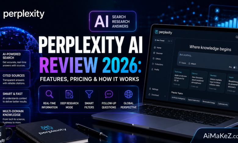 Perplexity AI Review 2026 featured image showing an AI-powered search engine interface, real-time research dashboard, cited sources, intelligent search technology, and futuristic digital workspace with the title "Perplexity AI Review 2026: Features, Pricing & How It Works".