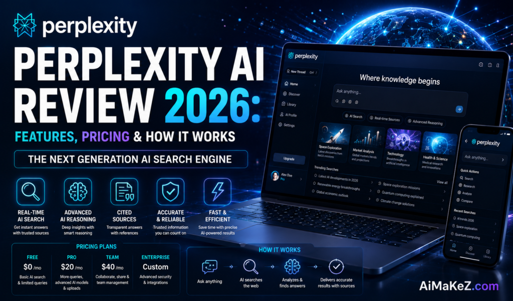 Perplexity AI Review 2026 featuring the Perplexity AI search interface, real-time AI search, advanced reasoning, cited sources, pricing plans, and how the AI search engine works.