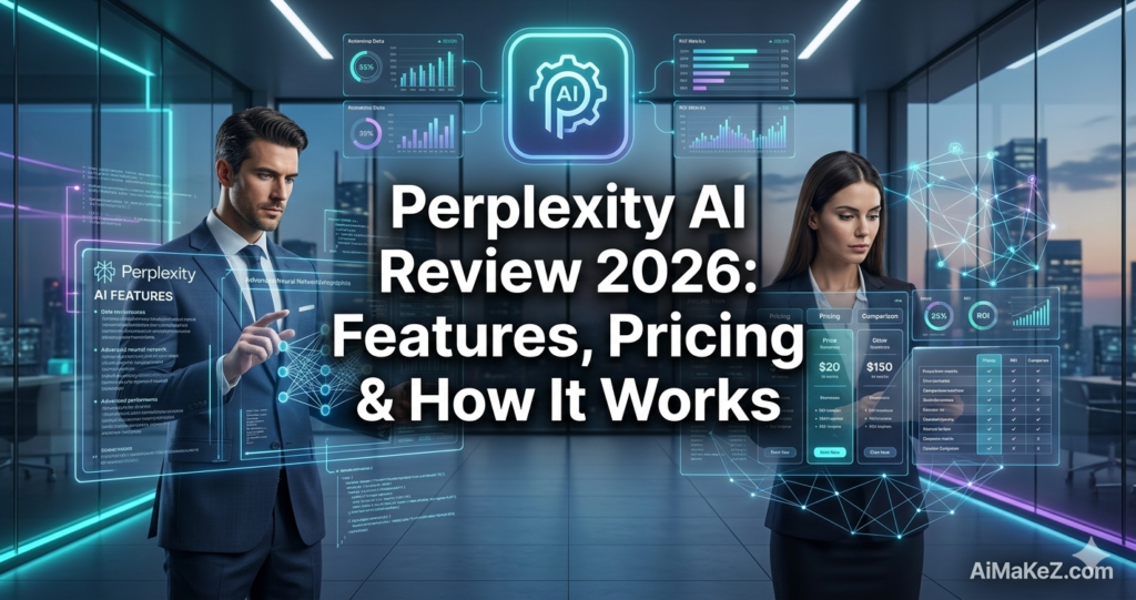 A professional technology review banner set inside a futuristic corporate office overlooking a city skyline. In the center, large bold white text reads "Perplexity AI Review 2026: Features, Pricing & How It Works". On the left, a businessman in a dark blue suit interacts with a transparent screen showing a neural network diagram and "Perplexity AI FEATURES". On the right, a businesswoman in a dark blazer reviews pricing comparisons and ROI metric charts on a holographic display next to a geometric wireframe sphere. A glowing Perplexity-inspired AI gear logo is positioned in the top center, and the watermark "AiMaKeZ.com" rests in the bottom-right corner.