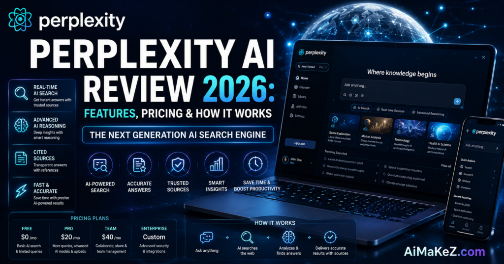 An ultimate 1200x630 infographic review of Perplexity AI in 2026 for AiMaKeZ.com, showing pricing tiers from Free to Enterprise, core features like advanced reasoning, and a laptop displaying the user interface.