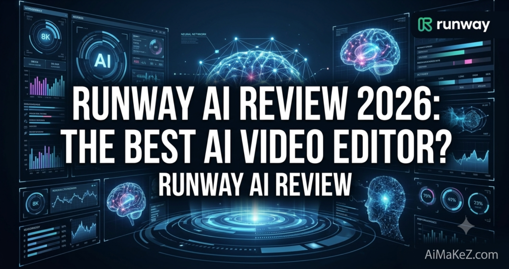 Runway AI Review 2026 featured image on AiMaKeZ.com showcasing futuristic AI video editing interfaces, data visualization, and a digital holographic display.