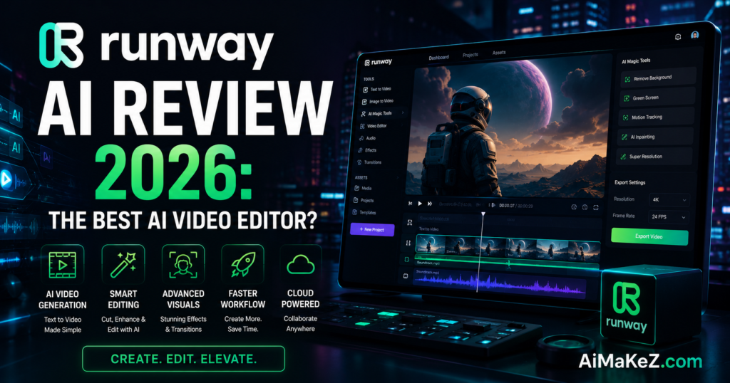 Runway AI Review 2026 featuring the Runway AI video editor interface with AI-powered video generation, smart editing tools, cinematic effects, and professional video production capabilities.