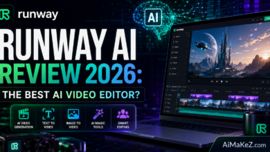 Runway AI Review 2026 featured image showing an AI-powered video editing interface, futuristic editing dashboard, AI video generation tools, neural network visuals, and cinematic technology with the title "Runway AI Review 2026: The Best AI Video Editor?".