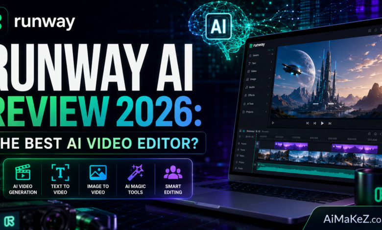 Runway AI Review 2026 featured image showing an AI-powered video editing interface, futuristic editing dashboard, AI video generation tools, neural network visuals, and cinematic technology with the title "Runway AI Review 2026: The Best AI Video Editor?".
