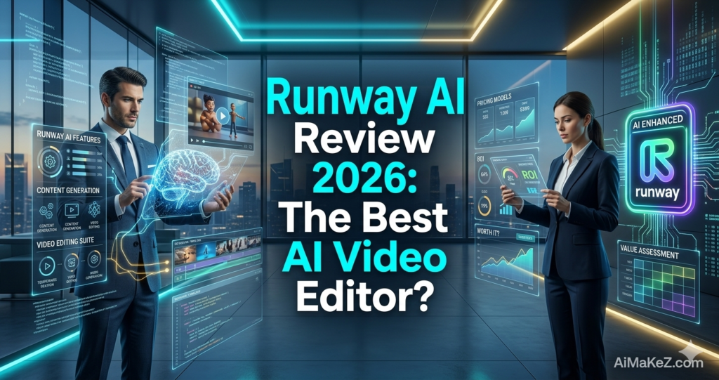 A premium tech review featured banner set inside a futuristic corporate media office at dusk. In the center, large bold white and bright cyan text reads "Runway AI Review 2026: The Best AI Video Editor?". On the left, a businessman in a navy suit interacts with transparent floating panels showing video editing timelines, a 3D brain graphic, and an animation preview. On the right, a businesswoman in a dark blue suit reviews financial metrics on "PRICING MODELS" and an "ROI" gauge next to a neon-glowing "AI ENHANCED" Runway logo badge. The watermark "AiMaKeZ.com" rests in the bottom-right corner.