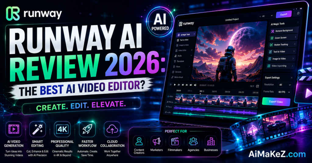 Runway AI Review 2026 infographic featured image on AiMaKeZ.com displaying the video editing dashboard, text to video features, and 4K export settings.