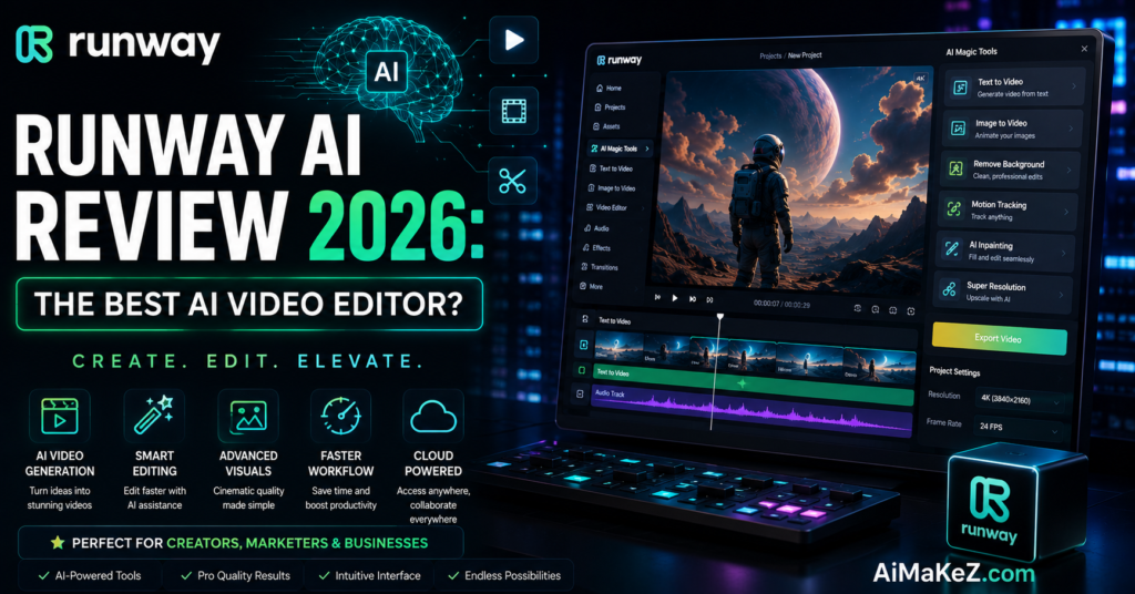 Runway AI Review 2026 featured infographic on AiMaKeZ.com displaying the AI Magic Tools menu, project timeline, and video resolution settings.