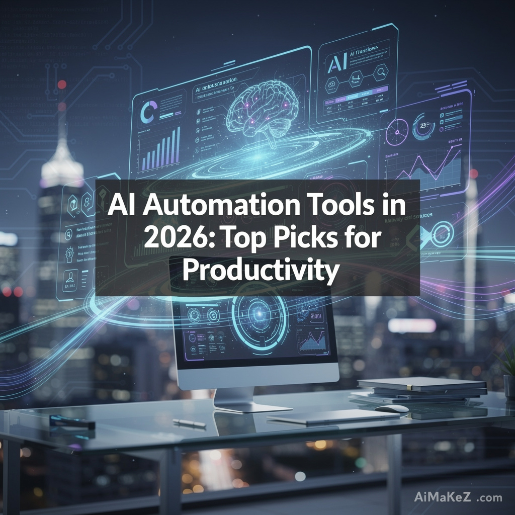 Futuristic glass desk in a modern city office, featuring a translucent floating screen displaying a glowing brain model, data charts, and text: "AI Automation Tools in 2026: Top Picks for Productivity."