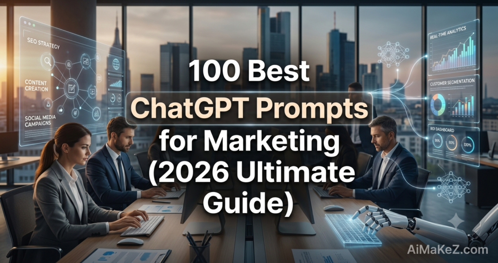 A professional technology featured banner titled "100 Best ChatGPT Prompts for Marketing (2026 Ultimate Guide)" with "ChatGPT Prompts" highlighted inside a glowing badge. The image depicts a modern corporate marketing lab with floor-to-ceiling glass windows overlooking a city skyline at dusk. Marketing executives and a futuristic robotic hand collaborate at a sleek wooden conference table. Translucent HUD interfaces display marketing nodes for SEO STRATEGY, CONTENT CREATION, and SOCIAL MEDIA CAMPAIGNS on the left, alongside REAL-TIME ANALYTICS, CUSTOMER SEGMENTATION, and ROI DASHBOARD metrics on the right. The subtle watermark "AiMaKeZ.com" rests in the bottom-right corner.