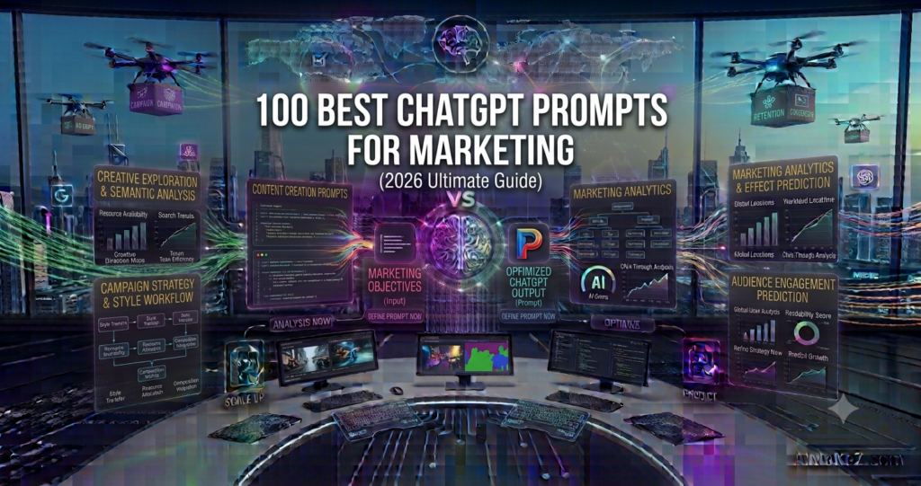 A premium 1200x630 featured image for AiMaKeZ.com titled '100 BEST CHATGPT PROMPTS FOR MARKETING (2026 Ultimate Guide)' displaying an advanced digital command center comparing initial marketing inputs against optimized ChatGPT prompt outputs, alongside modular dashboards for content creation prompts, campaign strategy, marketing analytics, and audience engagement prediction, set against a futuristic cityscape with cargo drones.