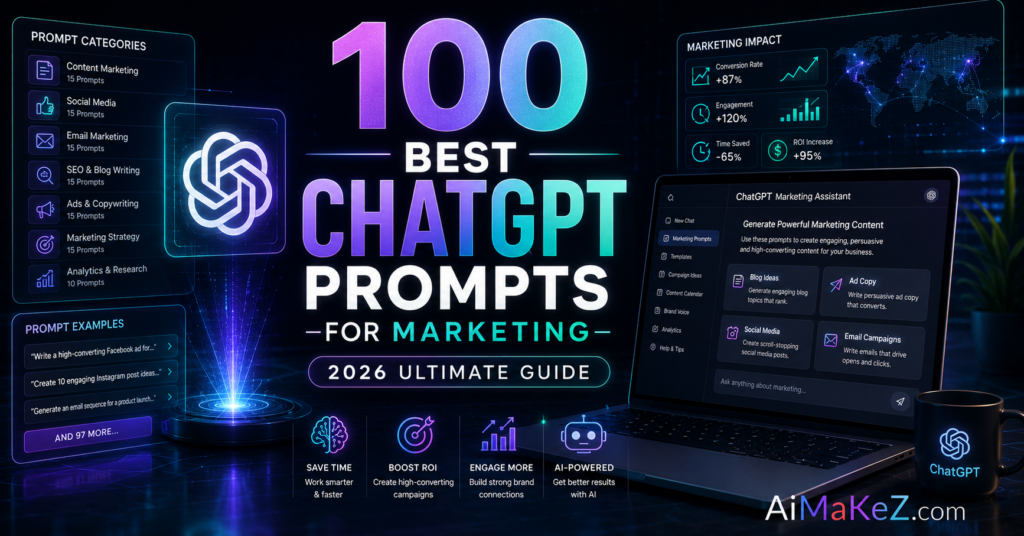 100 Best ChatGPT Prompts for Marketing (2026 Ultimate Guide) featured image showing a futuristic AI marketing dashboard with ChatGPT prompt templates, analytics, digital marketing interfaces, and the title "100 Best ChatGPT Prompts for Marketing (2026 Ultimate Guide)".