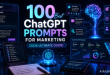100 Best ChatGPT Prompts for Marketing featuring AI marketing dashboards, prompt engineering interfaces, campaign automation tools, analytics panels, and futuristic digital marketing technology.