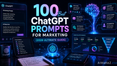 100 Best ChatGPT Prompts for Marketing featuring AI marketing dashboards, prompt engineering interfaces, campaign automation tools, analytics panels, and futuristic digital marketing technology.