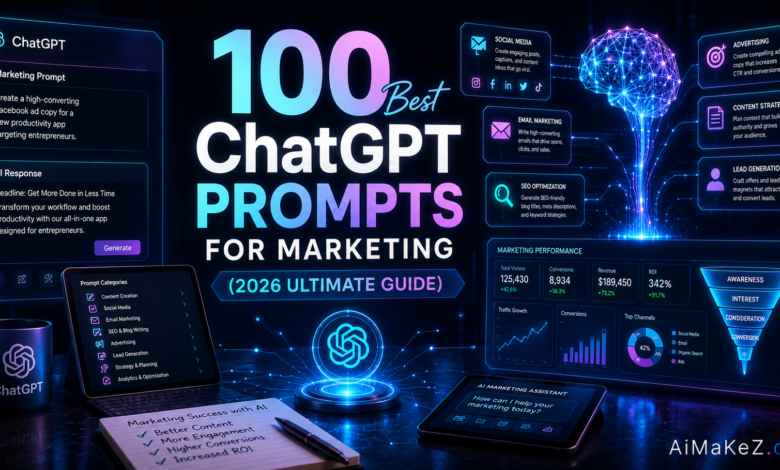 100 Best ChatGPT Prompts for Marketing featuring AI marketing dashboards, prompt engineering interfaces, campaign automation tools, analytics panels, and futuristic digital marketing technology.