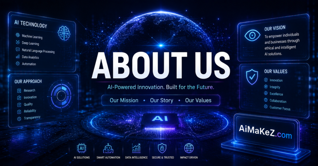 About Us page for AiMaKeZ.com featuring a futuristic AI interface, digital globe, holographic technology dashboard, neural networks, and modern artificial intelligence branding.