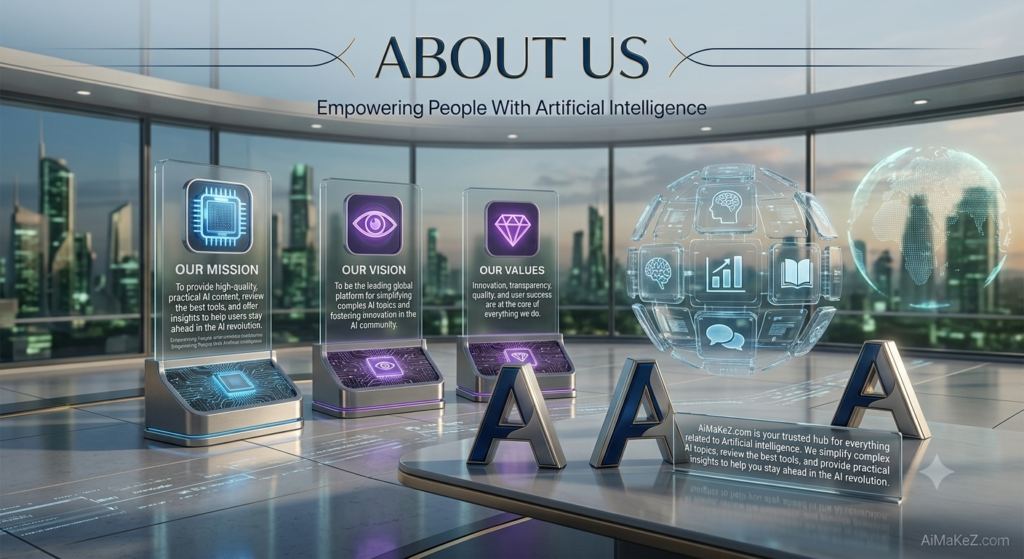 A premium 1200x630 featured image for the About Us page on AiMaKeZ.com titled 'ABOUT US' displaying holographic displays for Our Mission, Our Vision, and Our Values with an integrated futuristic tech sphere.
