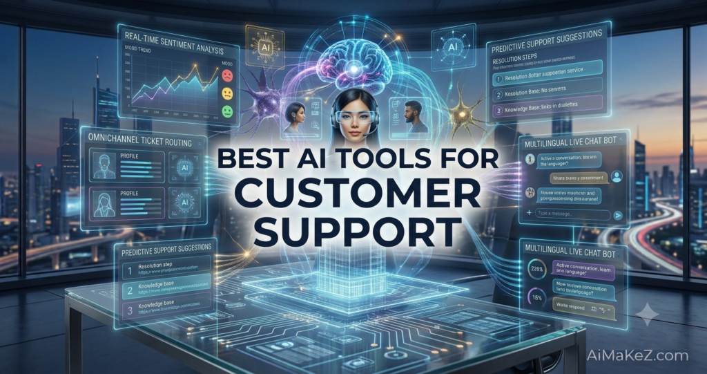 A premium 1200x630 featured image for AiMaKeZ.com titled "BEST AI TOOLS FOR CUSTOMER SUPPORT," showcasing a futuristic data interface with a central AI agent and holographic screens for sentiment analysis, predictive suggestions, omnichannel routing, and multilingual chatbots.