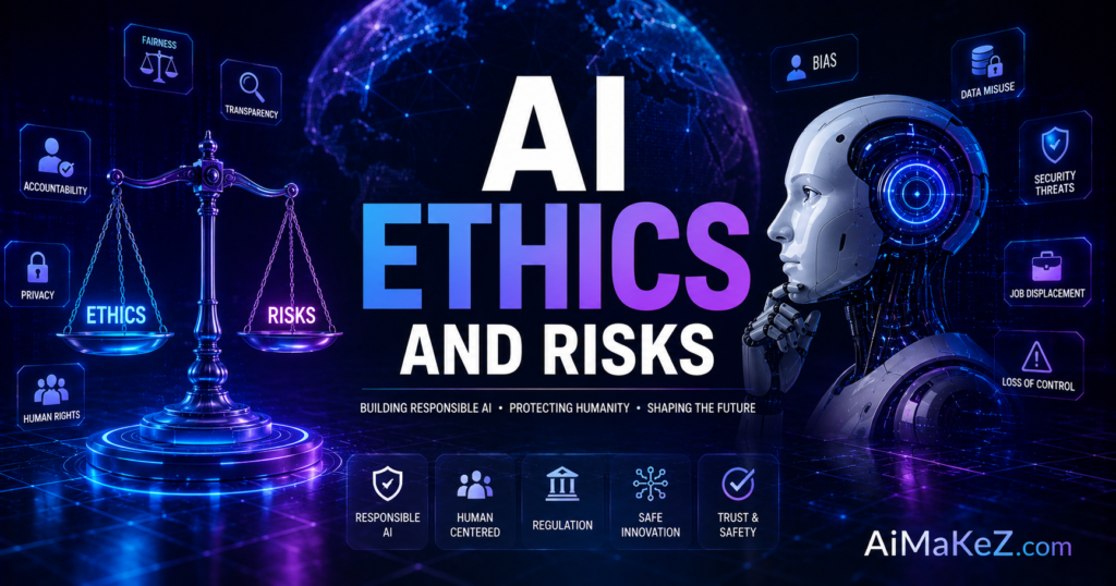 AI Ethics and Risks featured image showing a futuristic AI robot, ethical balance scale, cybersecurity interface, bias detection, privacy protection, and responsible artificial intelligence concepts with the title "AI Ethics and Risks".