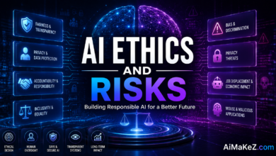 AI Ethics and Risks featuring a futuristic AI interface with ethical AI concepts, cybersecurity, privacy protection, bias detection, transparency, and responsible artificial intelligence.