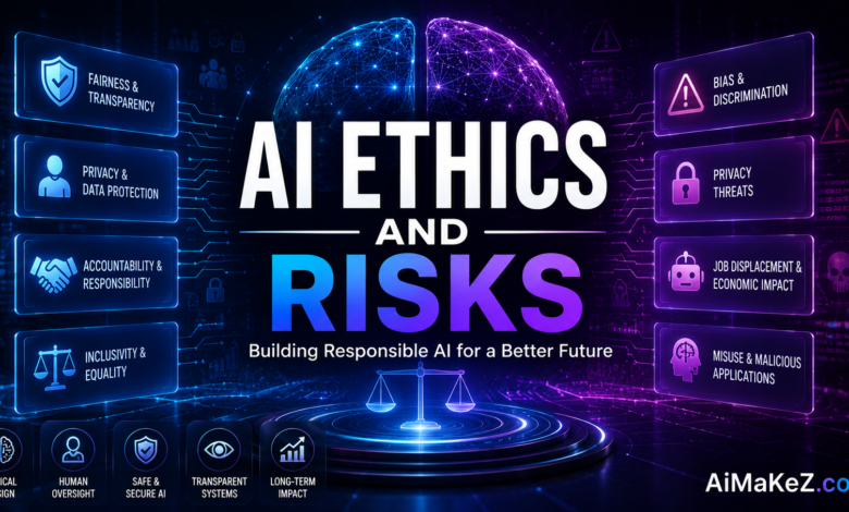 AI Ethics and Risks featuring a futuristic AI interface with ethical AI concepts, cybersecurity, privacy protection, bias detection, transparency, and responsible artificial intelligence.