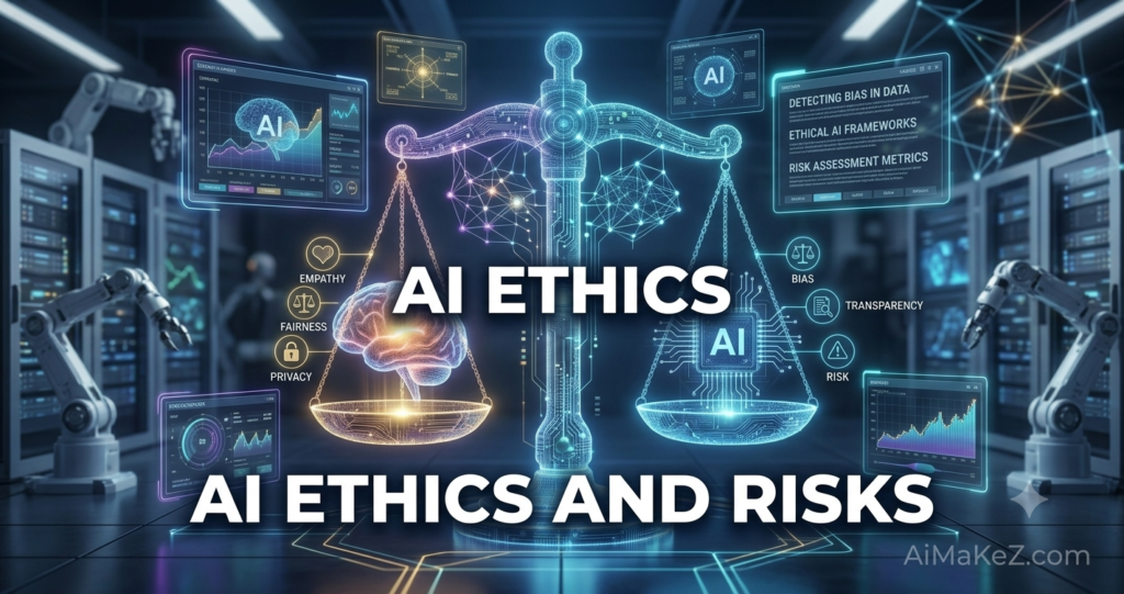 A premium 1200x630 technology featured image for AiMaKeZ.com titled 'AI Ethics and Risks' featuring a large glowing holographic scale of justice balancing a biological brain against a digital AI microchip inside a futuristic laboratory.