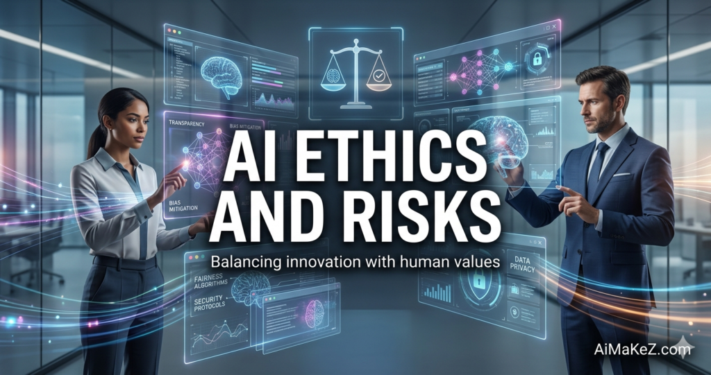 A premium technology review featured banner graphic set in a futuristic corporate office. In the center, large bold white text reads "AI ETHICS AND RISKS". A subtitle below says "Balancing innovation with human values". On the left, a professional woman interacts with a holographic panel labeled "Transparency" and "Bias Mitigation". On the right, a businessman interacts with a panel featuring a glowing brain and "Data Privacy". The brand watermark "AiMaKeZ.com" sits in the bottom-right corner.