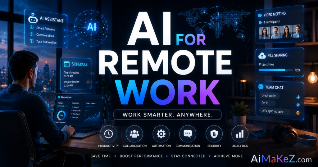 AI for Remote Work featured image showing a futuristic remote workspace with AI assistants, holographic collaboration dashboards, virtual meetings, productivity analytics, and the title "AI for Remote Work".