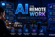 AI for Remote Work featuring AI-powered collaboration tools, virtual meetings, productivity dashboards, cloud workspaces, and futuristic remote office technology interfaces.