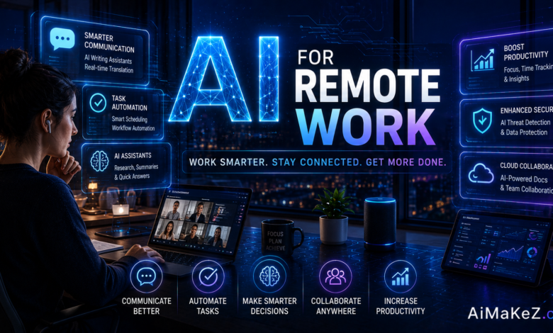 AI for Remote Work featuring AI-powered collaboration tools, virtual meetings, productivity dashboards, cloud workspaces, and futuristic remote office technology interfaces.