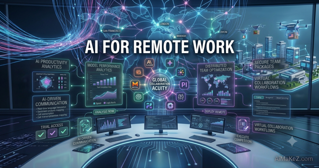 A premium 1200x630 featured image for AiMaKeZ.com titled 'AI FOR REMOTE WORK' showing an advanced digital command center with modular data analytics dashboards, global distributed team optimization tracking, secure team collaboration modules, a central global coordination hub, and drone logistics planning on a futuristic world map backdrop.