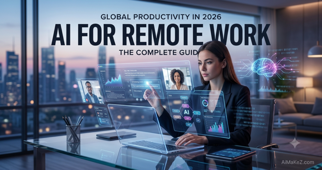 A premium technology featured banner graphic set inside a modern luxury apartment workspace overlooking a blurred city skyline at dusk. In the center, large, bold black typography reads "GLOBAL PRODUCTIVITY IN 2026 / AI FOR REMOTE WORK / THE COMPLETE GUIDE". On the right, a professional female remote worker in a tailored dark blazer sits at a glass desk, typing on a futuristic translucent laptop. She interacts with a floating holographic heads-up display showcasing real-time video conference feeds of colleagues, project management charts, and task workflows labeled "AI". Behind her, a glowing cyan and purple digital brain floats above digital metrics. The brand watermark "AiMaKeZ.com" rests in the bottom-right corner.