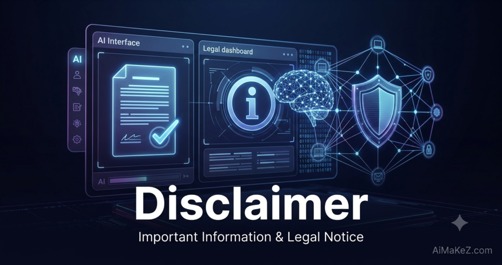 A premium 1200x630 featured image for AiMaKeZ.com titled "Disclaimer: Important Information & Legal Notice," showcasing a futuristic legal dashboard with holographic documents, a security shield, an information icon, and an abstract neural network on a dark background.