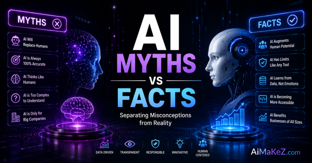 AI Myths vs Facts featured image showing a futuristic AI robot, holographic comparison dashboard, myth versus fact visualization, responsible AI concepts, and modern artificial intelligence technology with the title "AI Myths vs Facts".