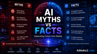 AI Myths vs Facts featuring a futuristic AI interface comparing common artificial intelligence myths with factual information using holographic technology and digital dashboards.