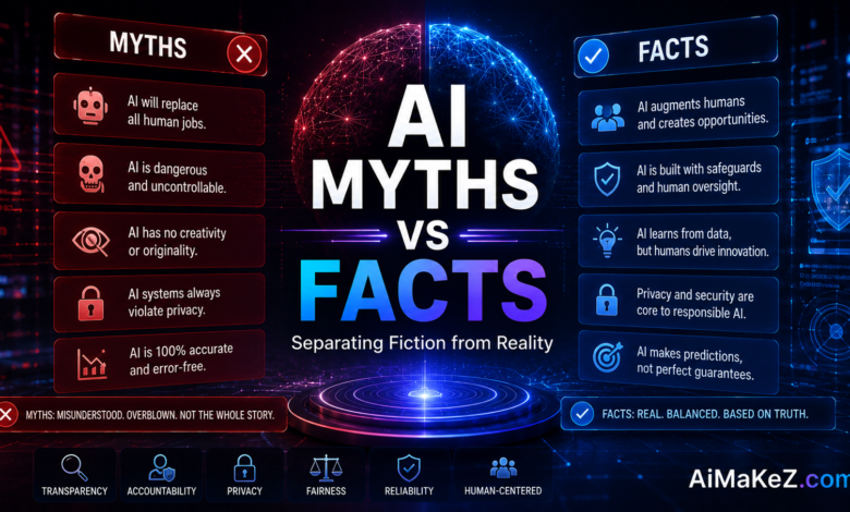 AI Myths vs Facts featuring a futuristic AI interface comparing common artificial intelligence myths with factual information using holographic technology and digital dashboards.