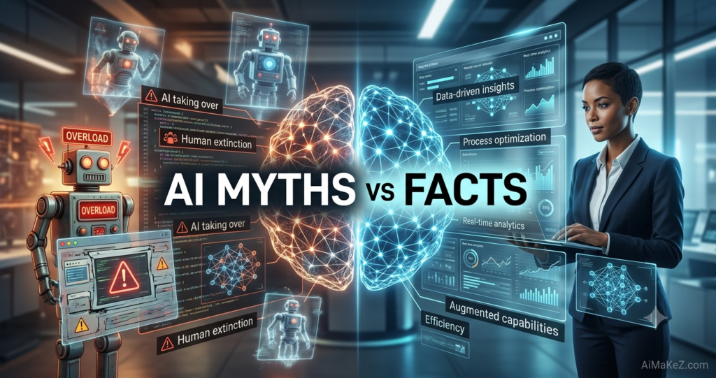 A premium 1200x630 technology featured image for AiMaKeZ.com titled 'AI Myths vs Facts' featuring a glowing holographic brain balancing exaggerated myths of a robot takeover against modern professional analytics like data insights and augmented capabilities.