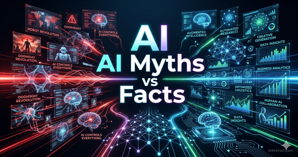 A premium technology review featured banner divided down the center into two contrasting sides. In the center, large bold white text reads "AI Myths vs Facts". The left side features an intense red palette representing AI myths, showing holographic displays with warning signs and text such as "ROBOT REVOLUTION" and "DOOMSDAY". The right side features a calm teal and blue palette representing AI facts, showing data interfaces displaying "AUGMENTED INTELLIGENCE", "BUSINESS ANALYTICS", and "HUMAN-AI COLLABORATION". The brand watermark "AiMaKeZ.com" sits in the bottom-right corner.