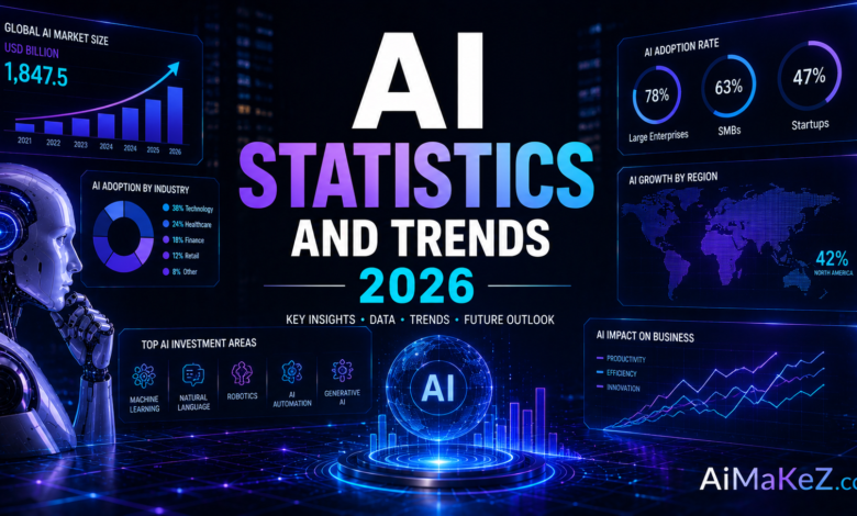 AI Statistics and Trends 2026 featured image showing futuristic AI analytics dashboards, interactive charts, business intelligence metrics, global AI adoption statistics, and data visualization with the title "AI Statistics and Trends 2026".