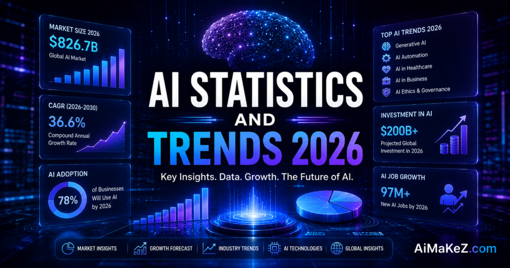 AI Statistics and Trends 2026 featuring futuristic AI analytics dashboards, data visualization, business intelligence charts, neural networks, and artificial intelligence market insights.
