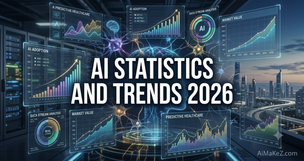 A premium 1200x630 technology featured image for AiMaKeZ.com titled 'AI Statistics and Trends 2026' featuring a holographic data analytics dashboard displaying market growth charts, adoption metrics, and real-time stream analysis.