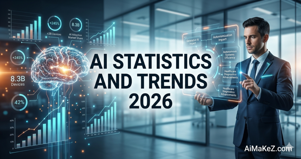 A premium corporate technology featured banner set inside a bright, modern glass office. In the center, large bold dark blue text reads "AI STATISTICS AND TRENDS 2026". On the left, a glowing holographic 3D human brain is surrounded by complex financial charts, an upward growth graph, and data callouts showing "+245%", "8.3B Devices", and "42%". On the right, a professional businessman in a sharp navy suit operates a transparent handheld tablet that projects glowing orange interface modules like "Generative AI impact" and "Autonomous Systems Efficiency". The brand watermark "AiMaKeZ.com" sits in the bottom-right corner.