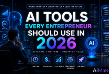 AI Tools Every Entrepreneur Should Use in 2026 featured image showing a futuristic entrepreneur workspace with AI-powered business dashboards, holographic analytics, neural networks, productivity tools, and the title "AI Tools Every Entrepreneur Should Use in 2026".