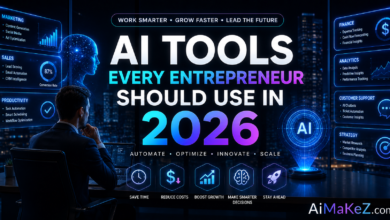 AI Tools Every Entrepreneur Should Use in 2026 featured image showing a futuristic entrepreneur workspace with AI-powered business dashboards, holographic analytics, neural networks, productivity tools, and the title "AI Tools Every Entrepreneur Should Use in 2026".